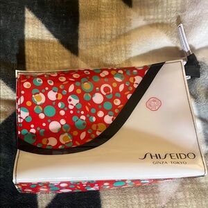 Shiseido Red and White Cosmetic Bag with Polka Dot Design